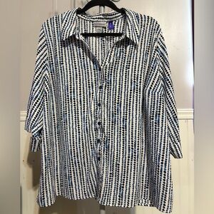 Catherines White Blouse with Navy Dot-Stripe Print